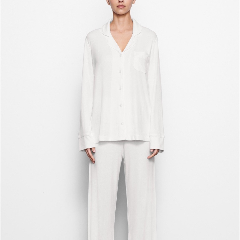 Skims Soft Lounge Sleep White Ribbed Button Up Shirt Top Women's Size L